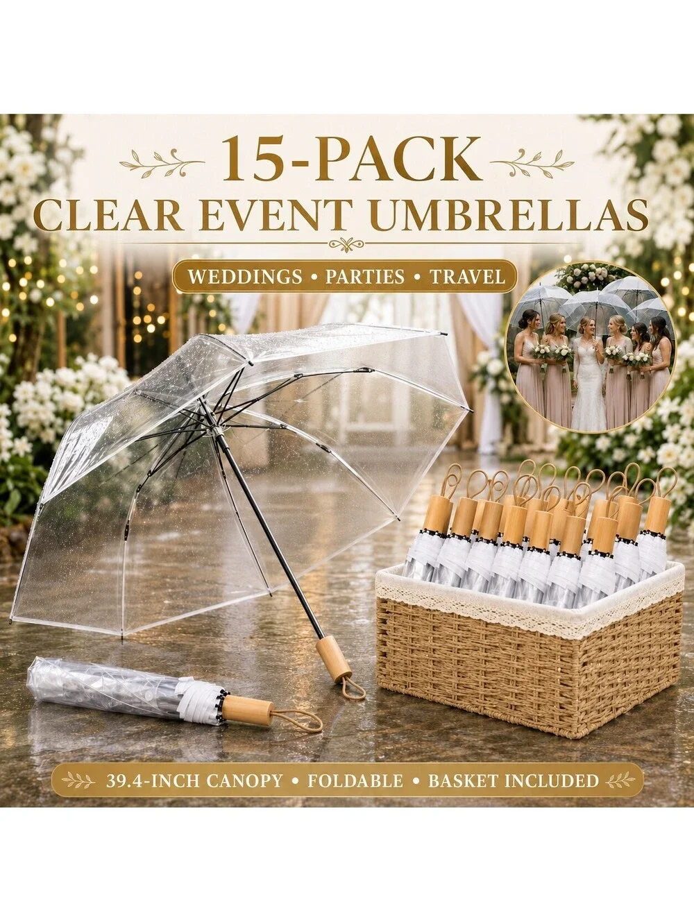 15-Pack Clear Event Party Favor Umbrellas with Storage Basket New